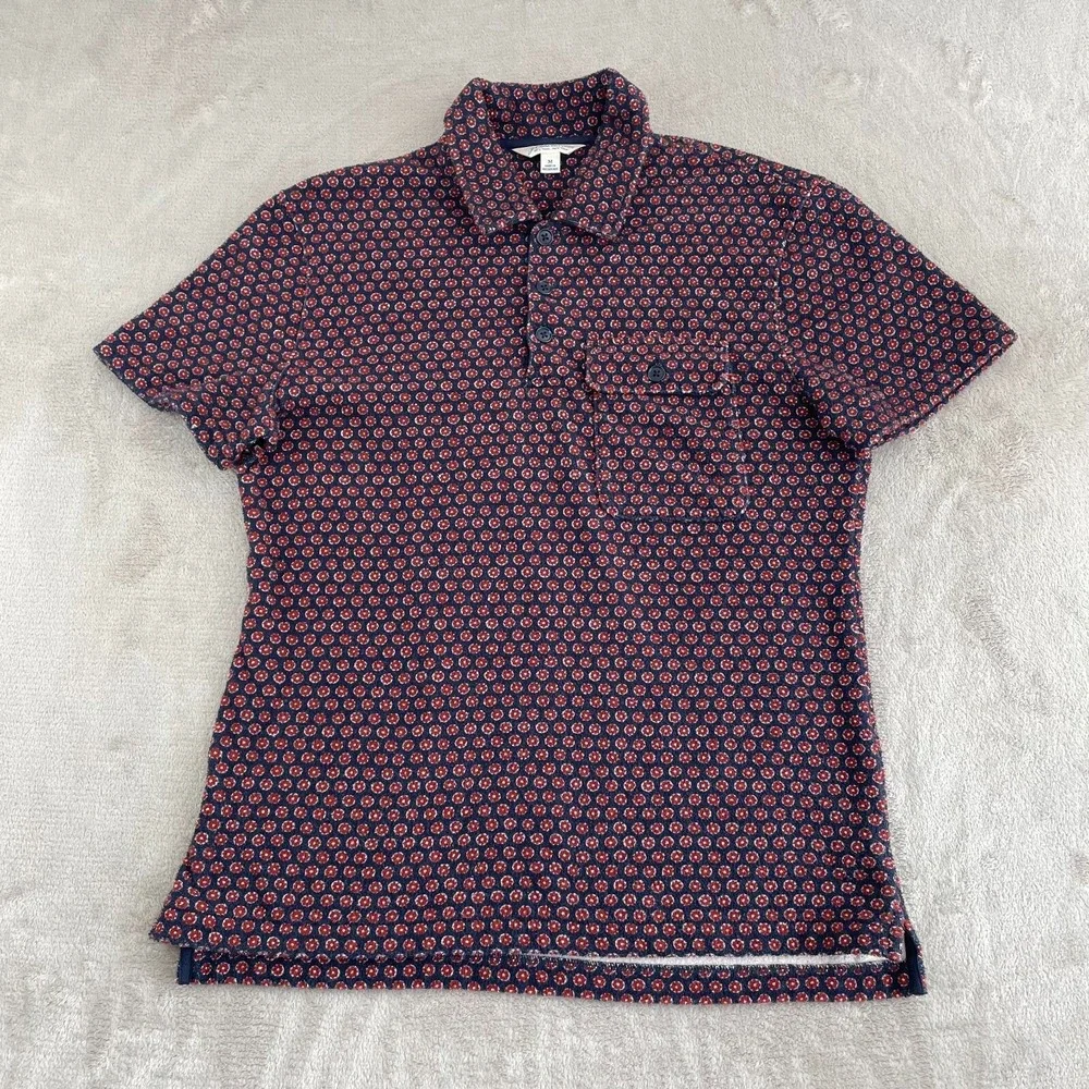 J.Crew Terry Polo Shirt Men‎ Medium Geometric Floral AOP Short Sleve Pocket NWOT